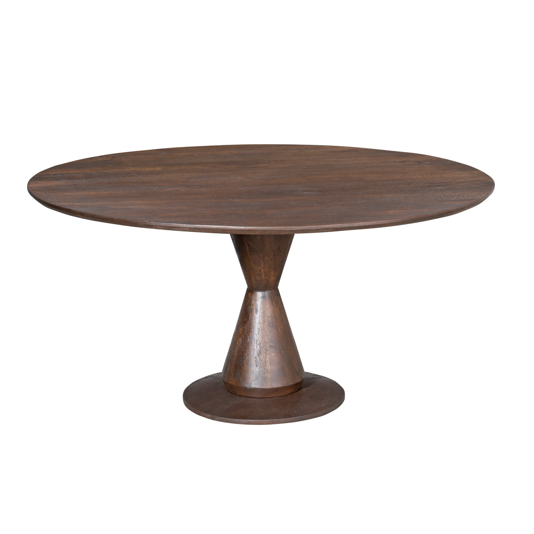 Ronde eettafel met bruin tafelblad en smal toelopende centrale poot