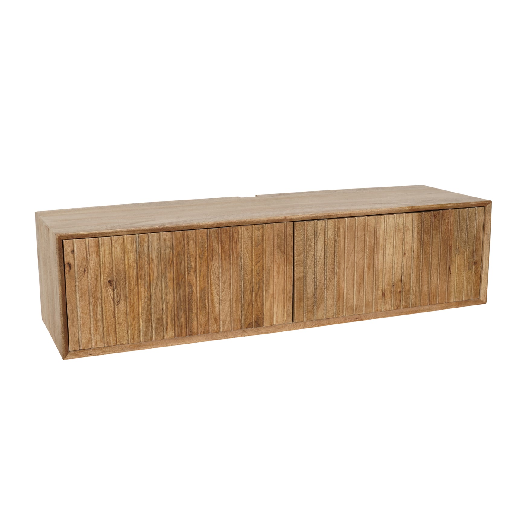Zwevend tv-meubel van licht hout, smal rechthoekig frame met houten panelen