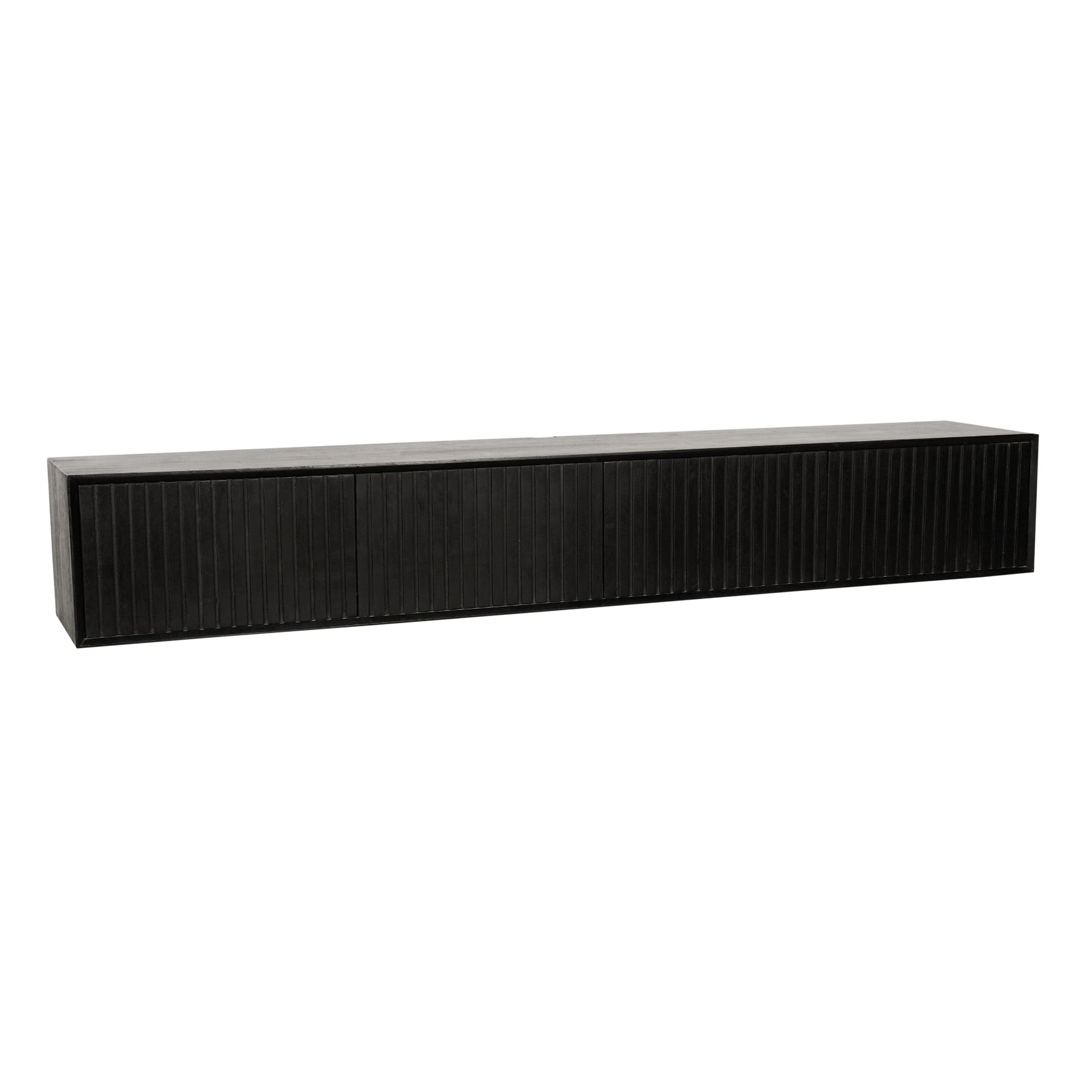 Zwart zwevend tv-meubel met lange ladefronten en verticale ribbels.