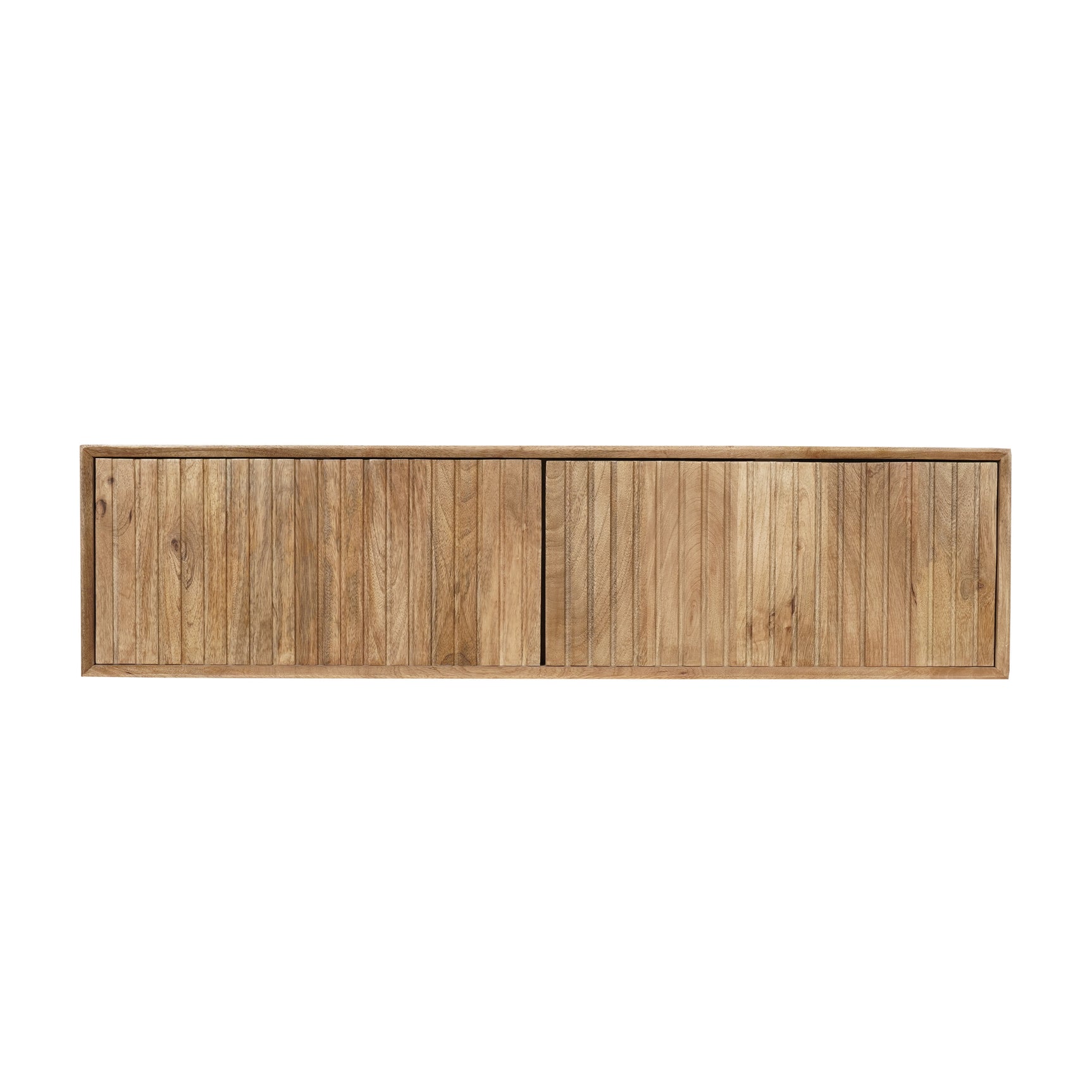 Zwevend tv-meubel met naturel houten frontpaneel en verticale lijnen over de lengte.