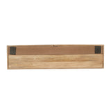 Zwevend tv-meubel, onderzijde met naturel hout en twee zwarte montagesteunen.