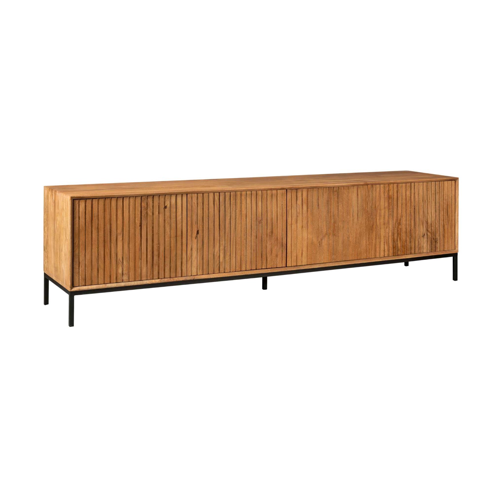 Tv-meubel in naturel hout met brede frontdelen, verticale latten en zwarte poot