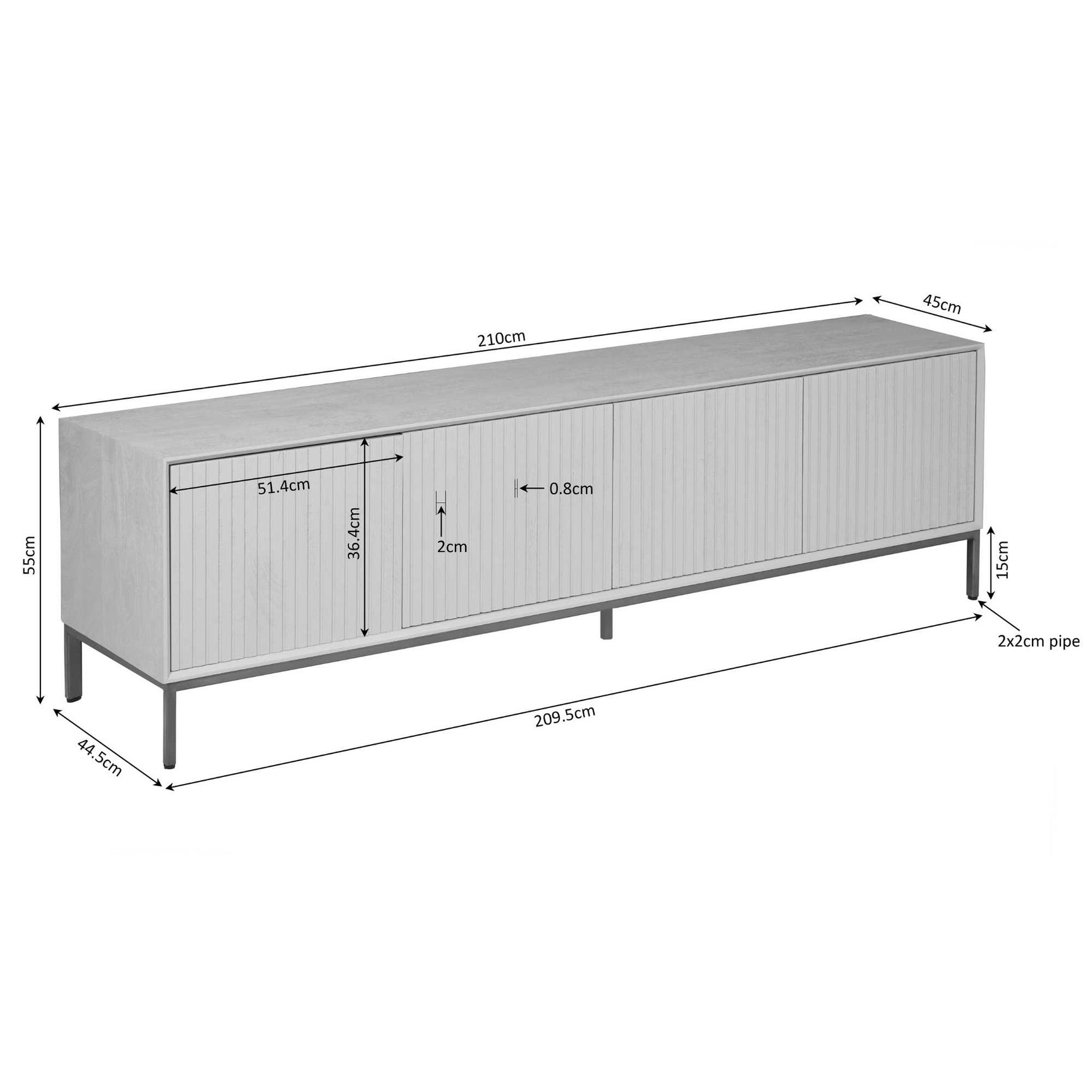 Maattekening tv-meubel: 210 cm breed, 45 cm diep, 55 cm hoog