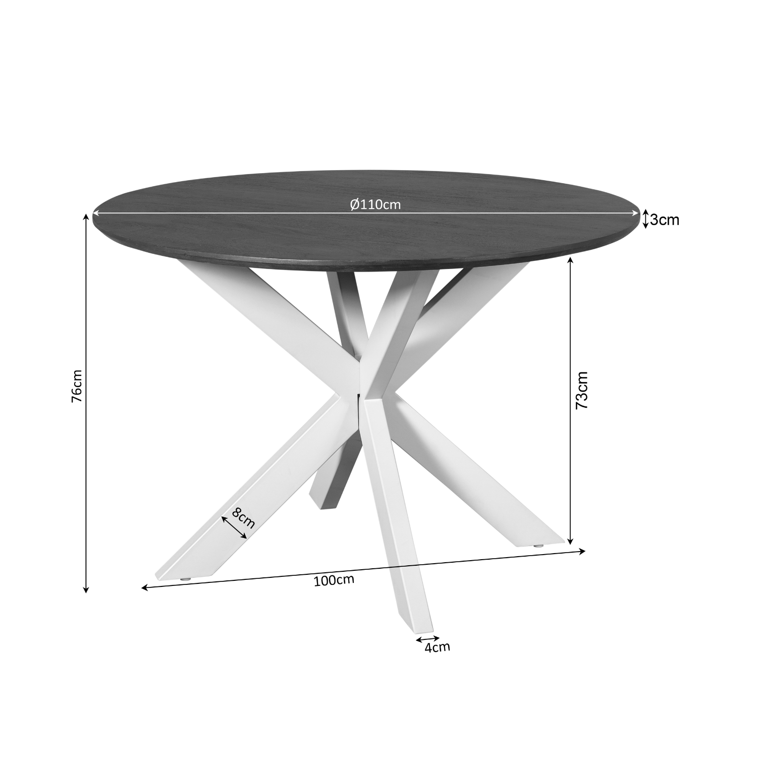 Ronde eettafel met blad Ø110 cm, hoogte 75 cm en kruisvormige pootbasis