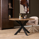 Ronde eettafel met naturel houten blad en zwarte gekruiste poten