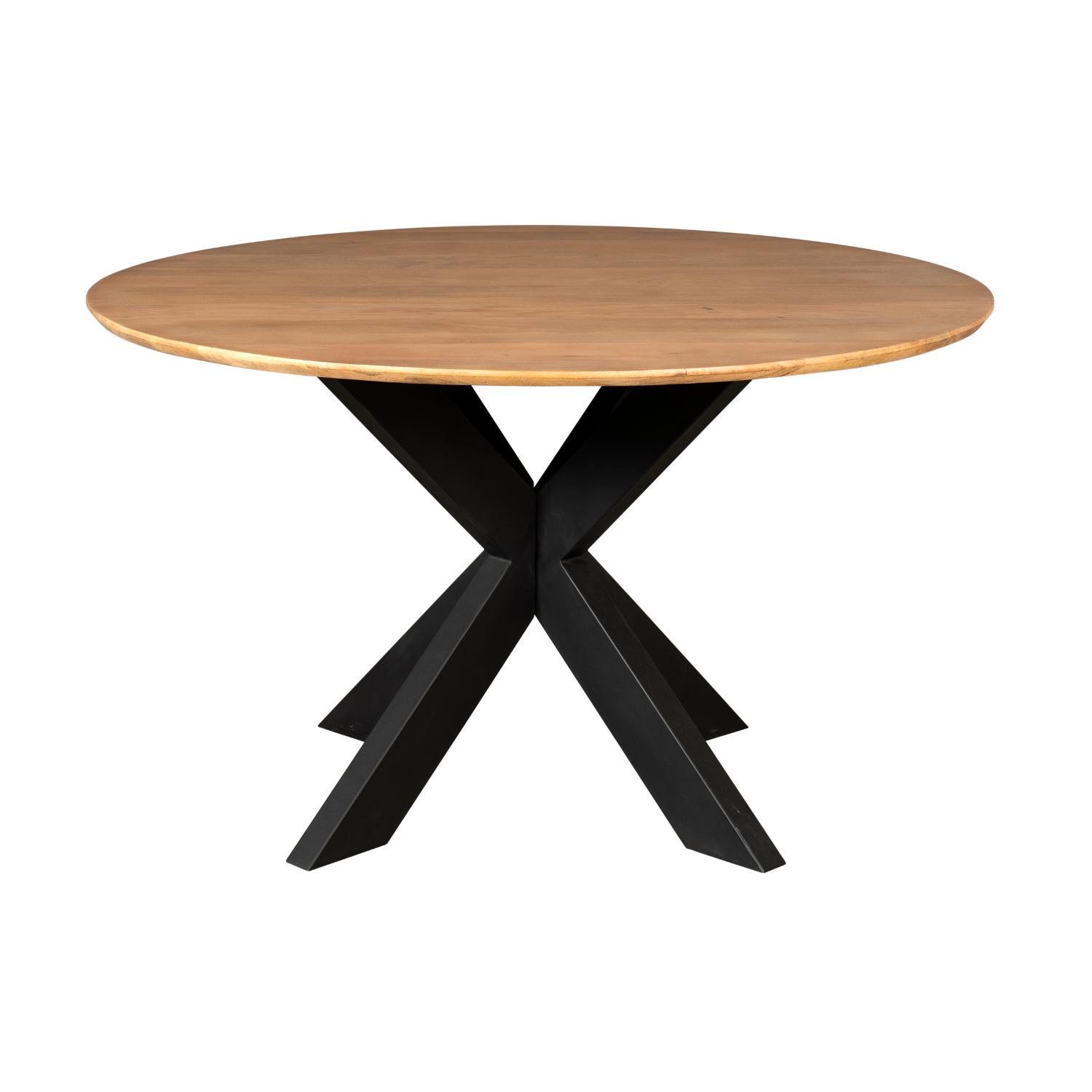 Ronde eettafel met naturel houten blad en zwarte X-vormige pootconstructie