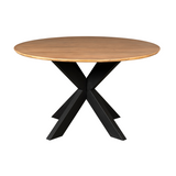Ronde eettafel met naturel houten blad en zwarte kruisvormige poten
