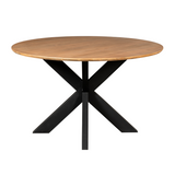 Ronde eettafel met naturel houten blad en zwart onderstel met X-poten.