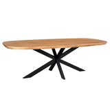 Ovale eettafel met naturel blad en zwarte, gekruiste poten onder het blad
