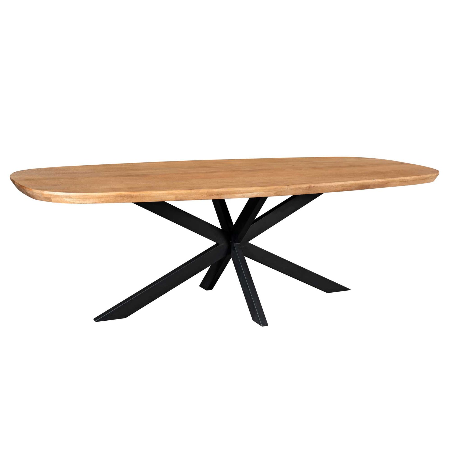 Ovale eettafel met naturel blad en zwarte, gekruiste poten onder het blad
