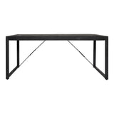Rechthoekige zwarte eettafel met zwart metalen frame en diagonaal schoor