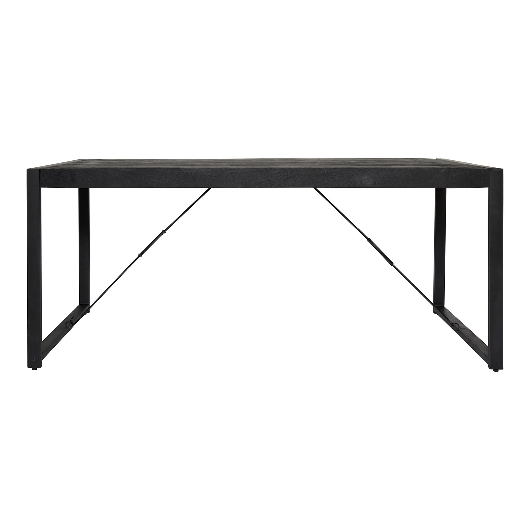Rechthoekige zwarte eettafel met zwart metalen frame en diagonaal schoor