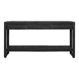 Zwarte sidetable met drie laden, open middenruimte en houten bovenblad