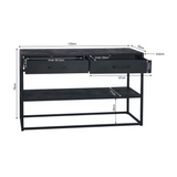Sidetable afmetingen: 120 cm breed, 74 cm hoog, 2 lades en open plank