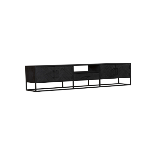 Tv-meubel 240 cm, zwart met 2 deuren en middenlade, visgraatstructuur