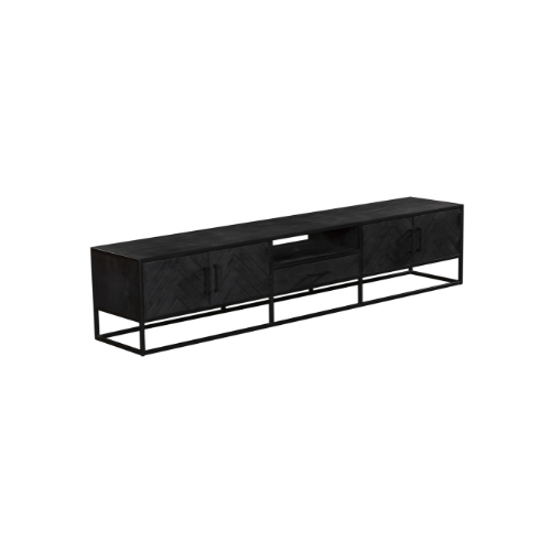 Tv-meubel 240 cm, zwart met lange lade en open vakken, metalen onderstel