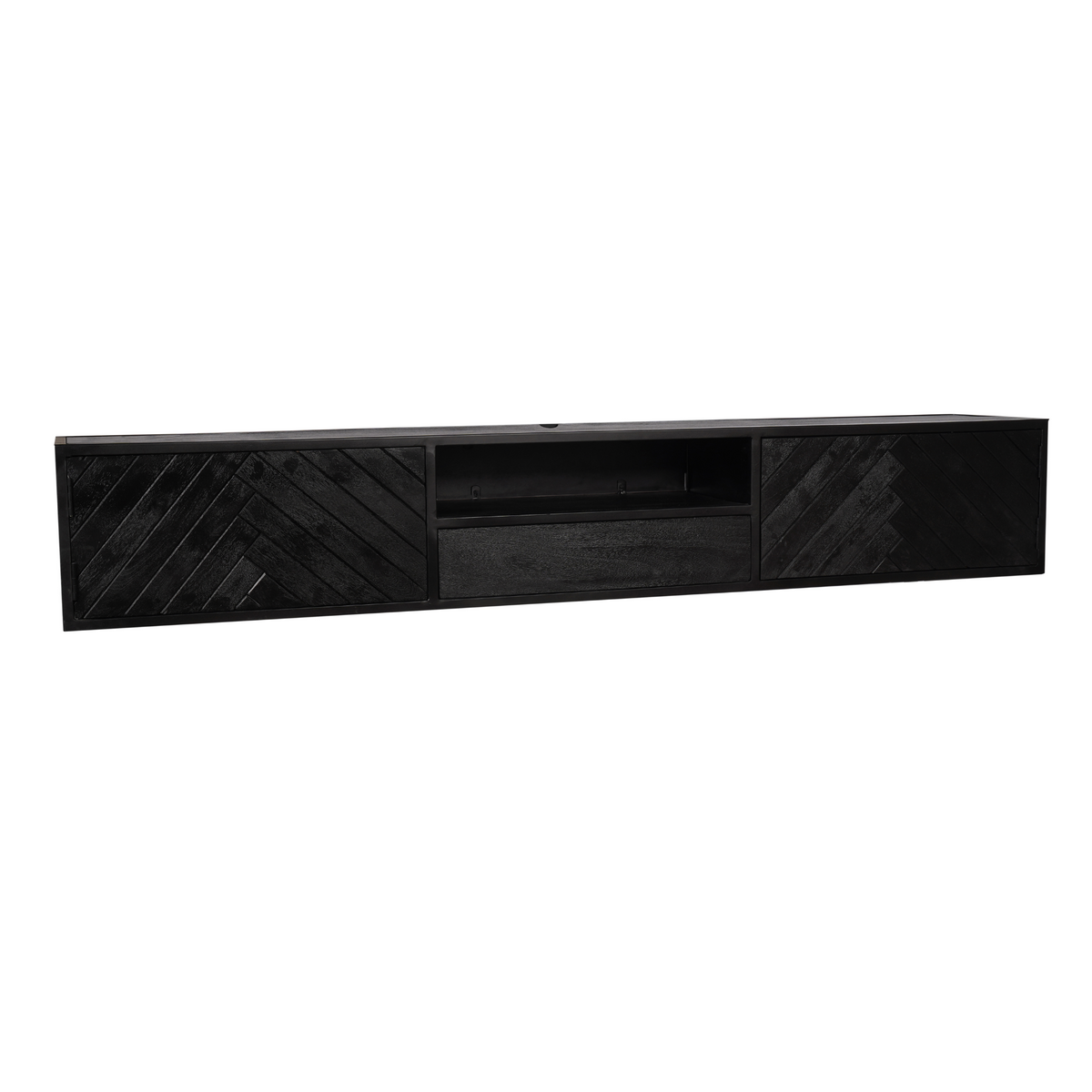 Zwevend tv-meubel, donkergrijs met herringbone vakken en middenlade, 240 cm.