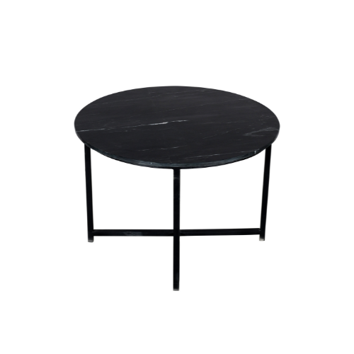 Ronde salontafel met zwart gemarmerd blad en zwart metalen poten met open midden.