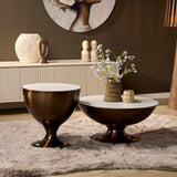 Bronzen salontafel set van 2 met ronde witte bladtoppen op voetstuk