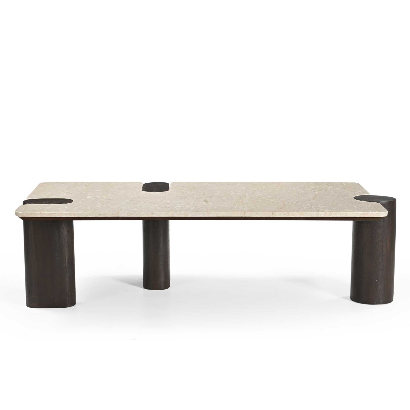 Salontafel Maeve met lichtbeige blad en donker hout, afgeronde poten op hoeken