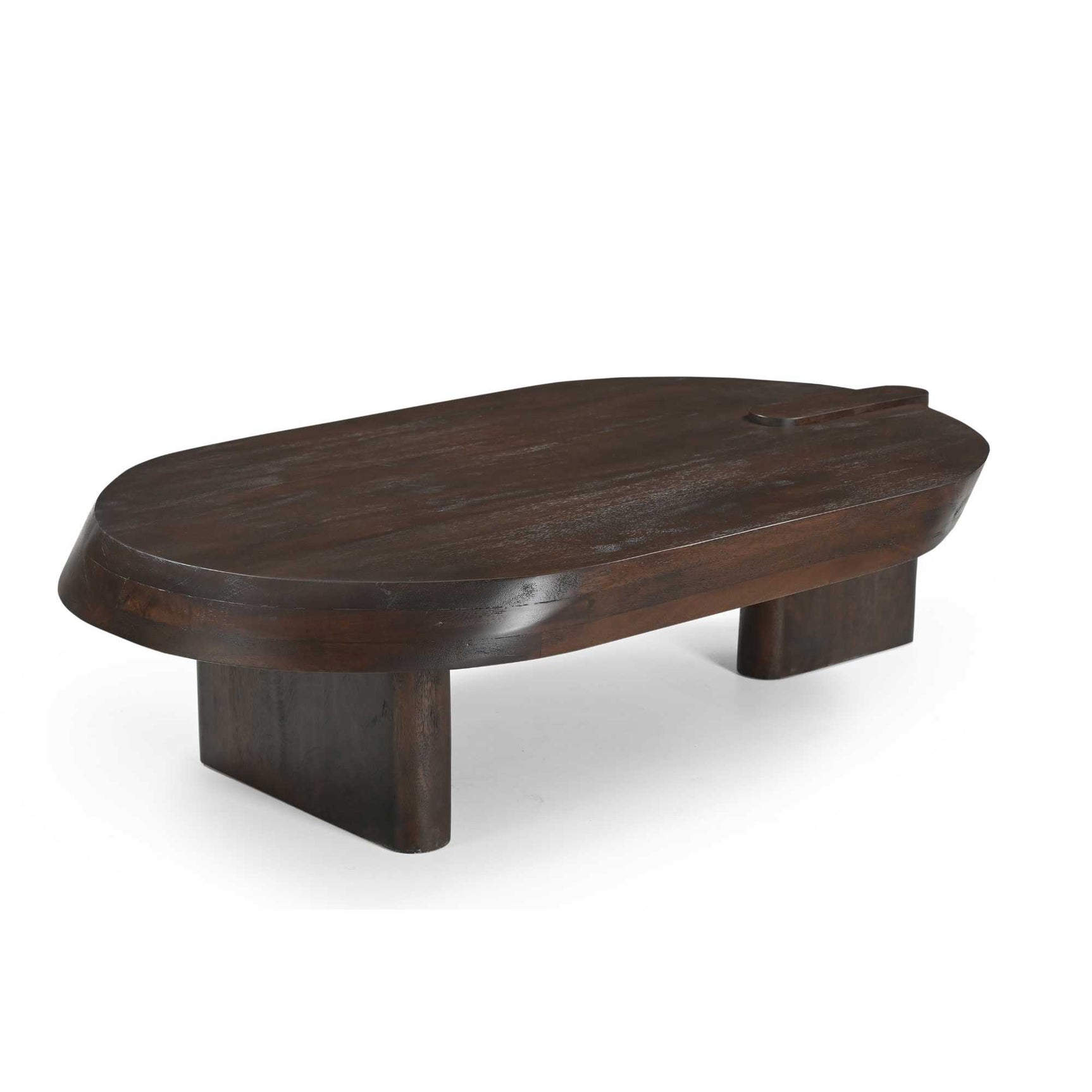 Houten salontafel met afgerond ovaal blad en lage zijsteunen, donkerbruin