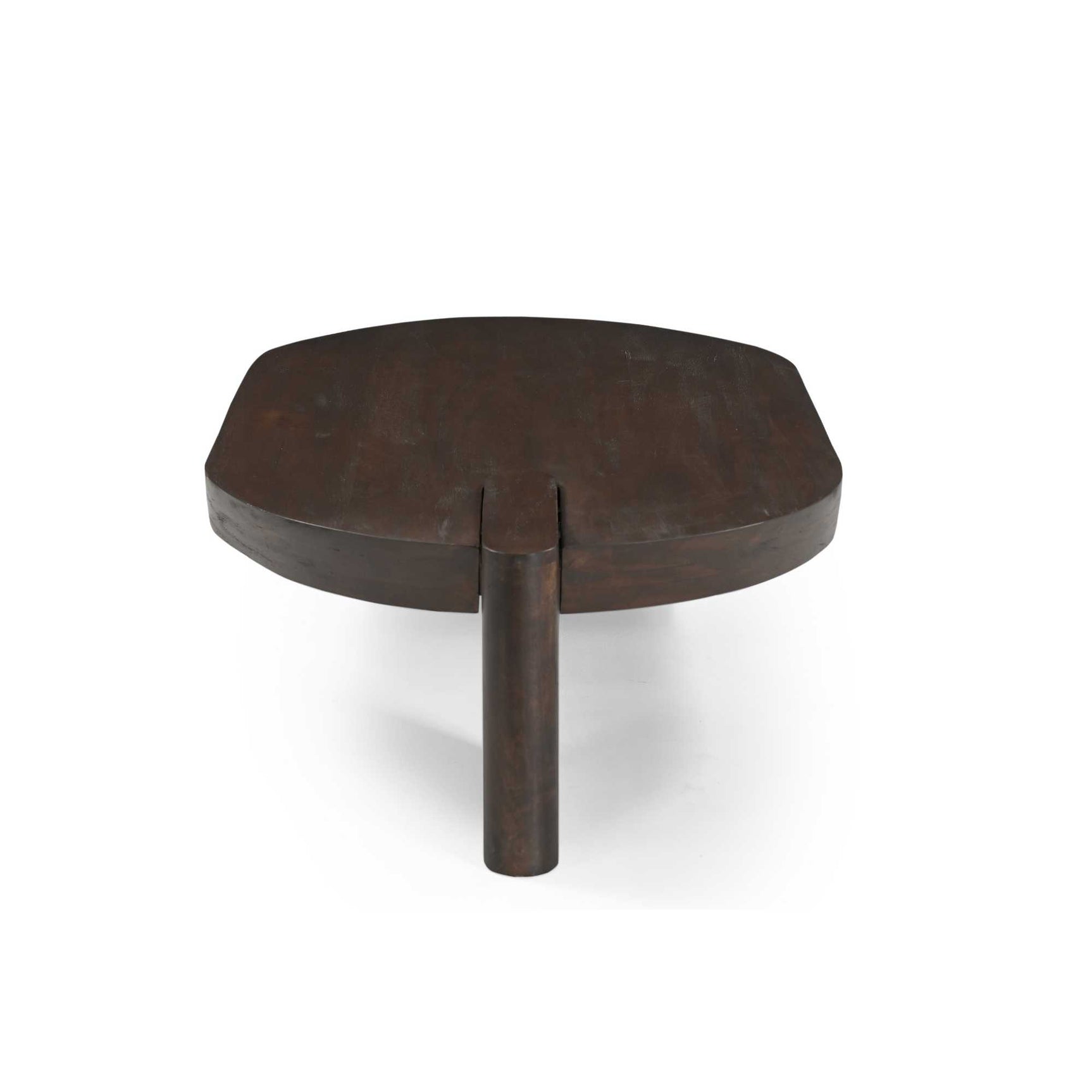 Houten salontafel met afgerond ovaal blad en centrale poot, donkerbruin
