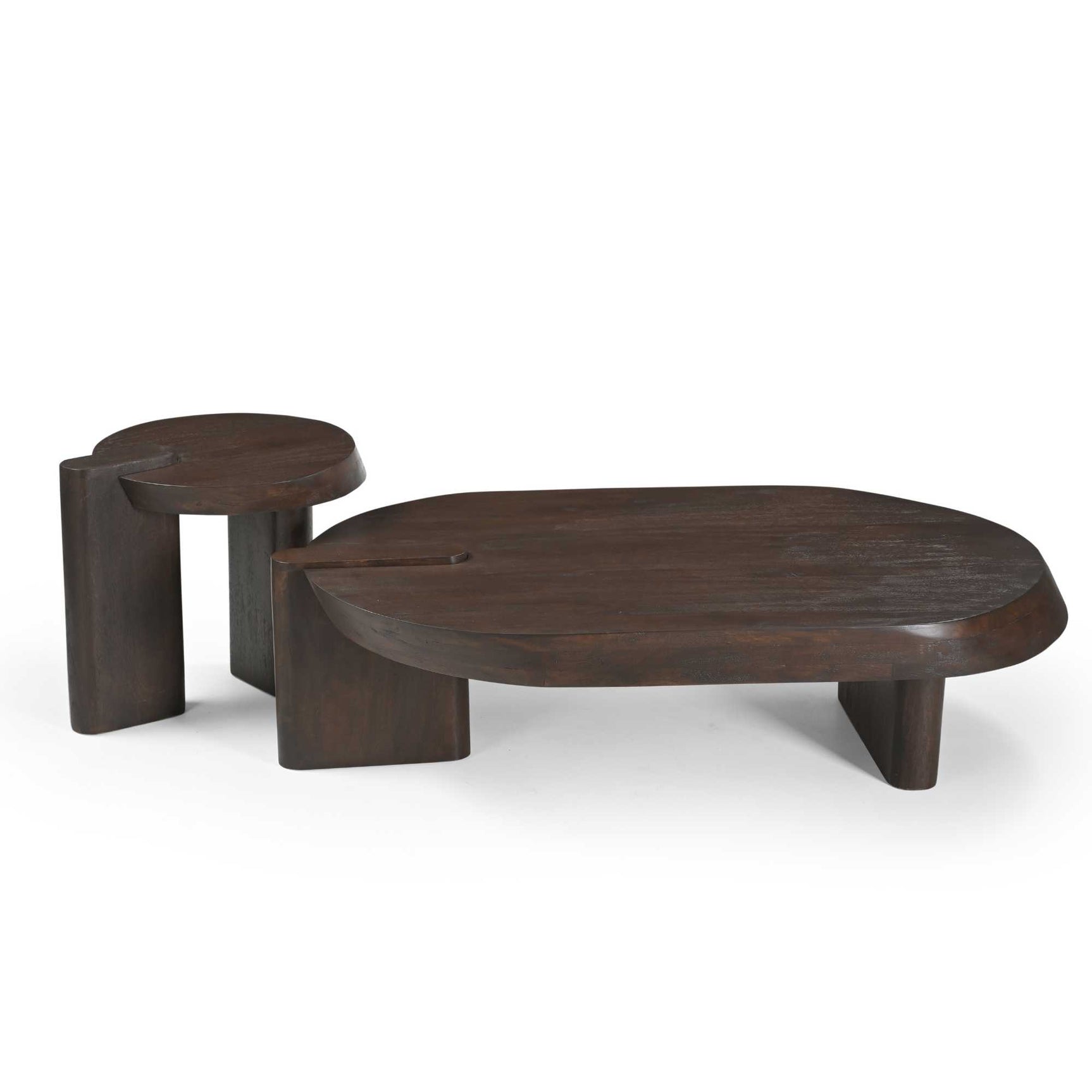 Houten salontafel met ovaal blad, twee blokpoten en bijzettafeltje, donkerbruin