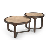 Set van twee ronde salontafels met licht houten blad en donkerbruine frames