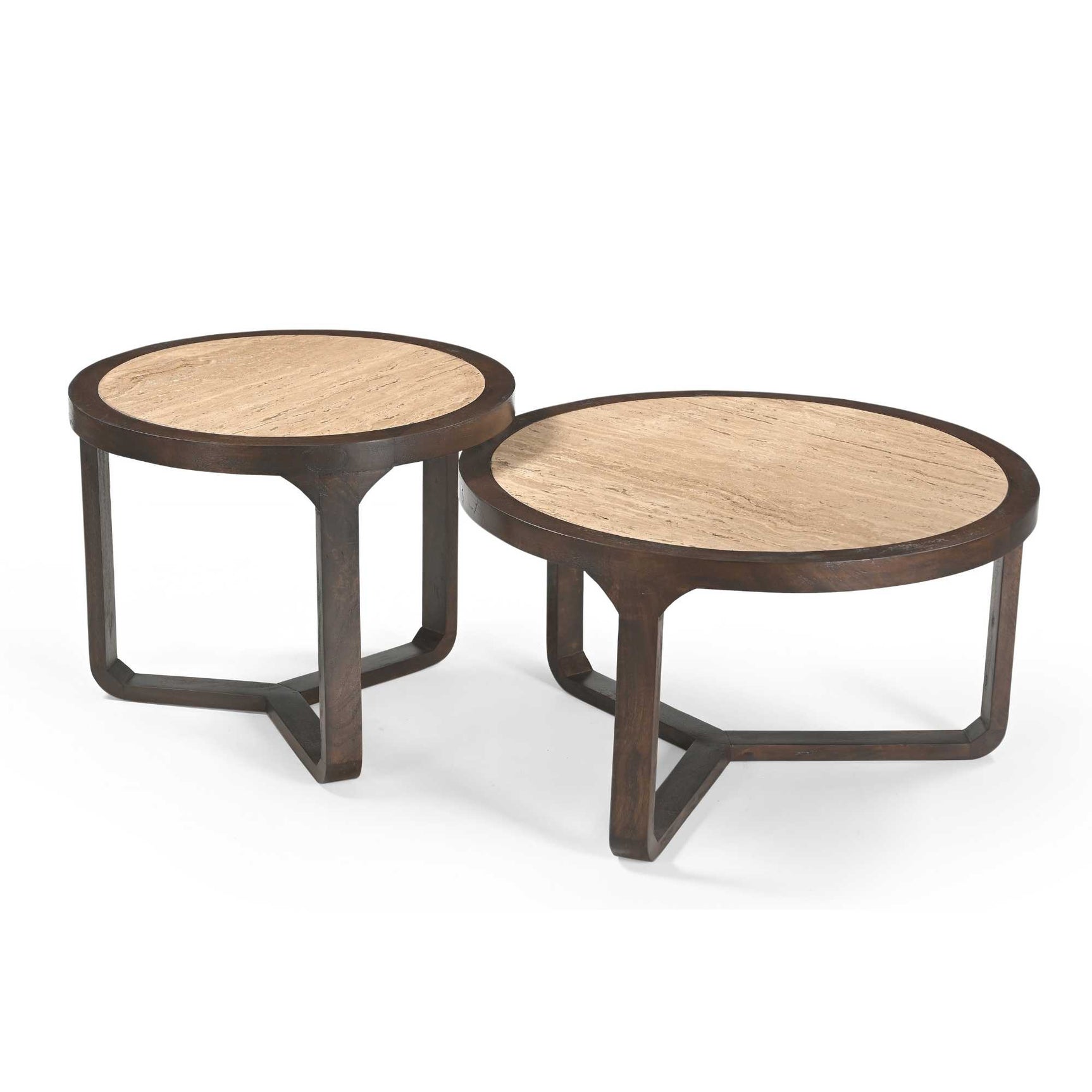 Set van twee ronde salontafels met licht houten blad en donkerbruine onderstellen