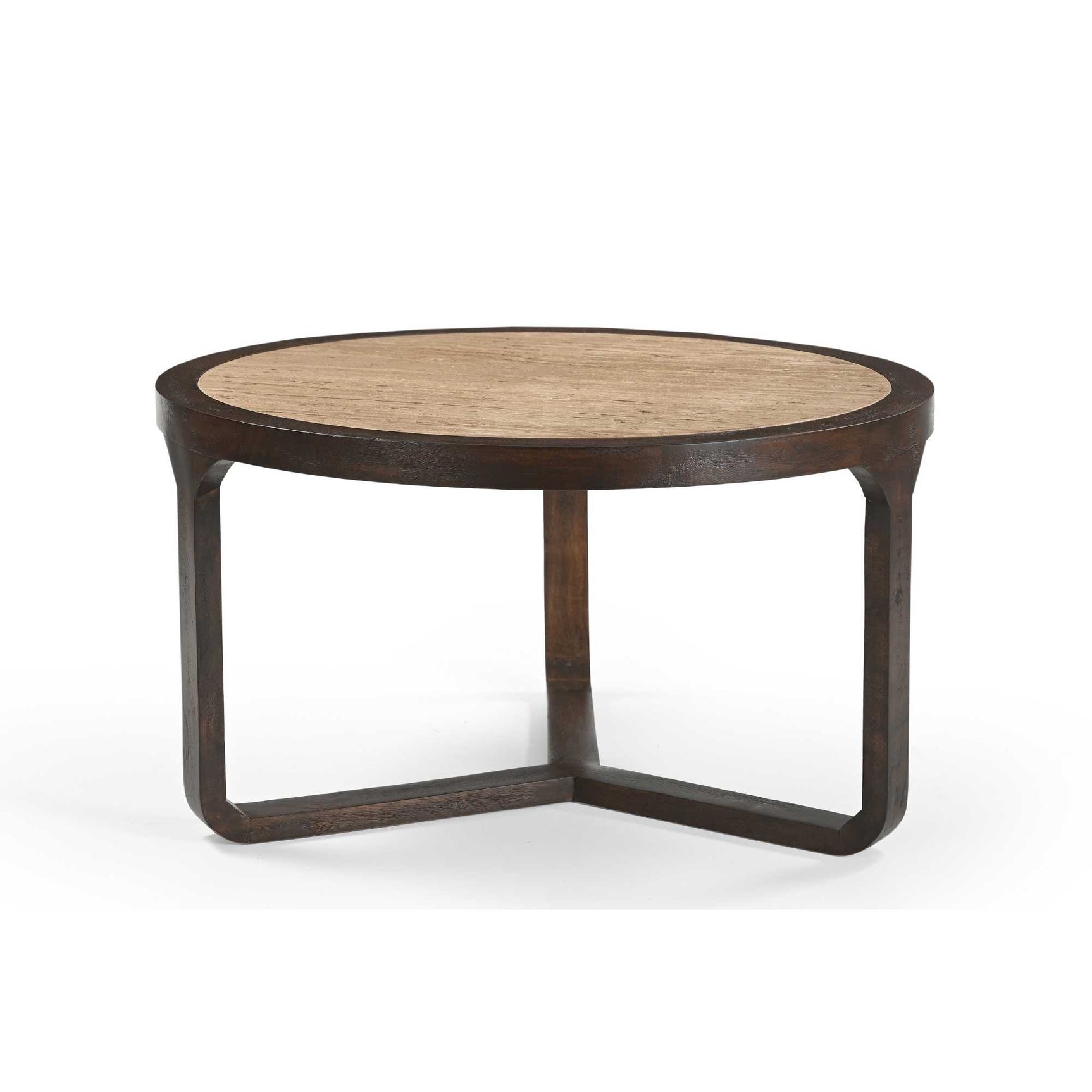 Ronde salontafel met licht houten blad en donkerbruine, gebogen poten