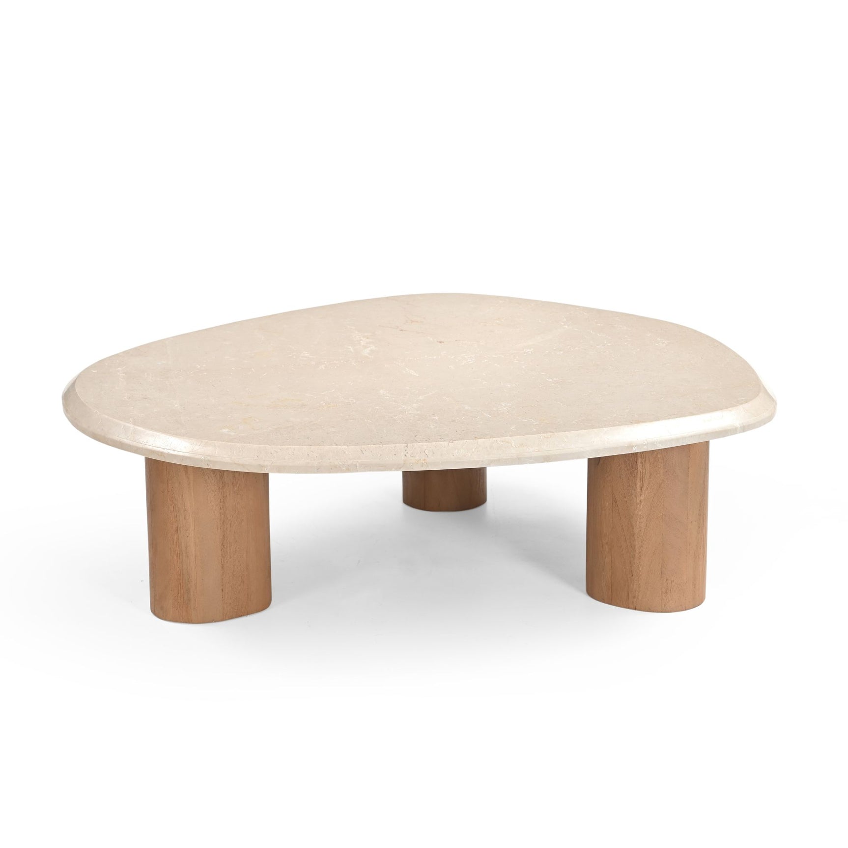 Ronde salontafel met licht marmeren blad en twee zichtbare houten poten