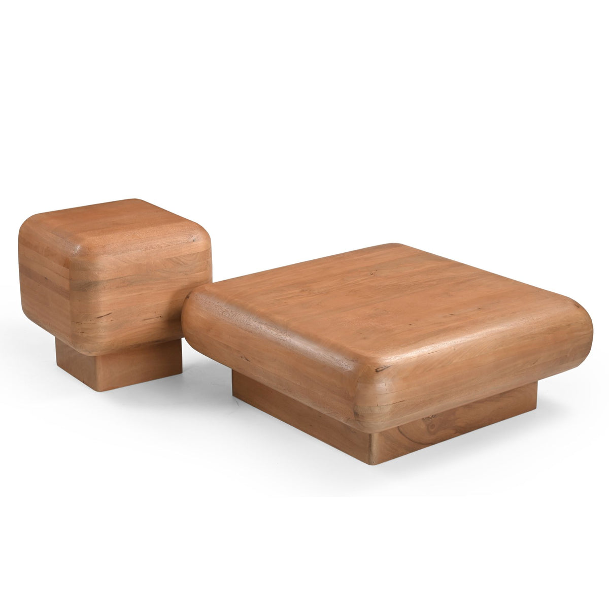 Houten bijzettafel-set met bijpassende lage poefvormige zijtable, lichtbruin.