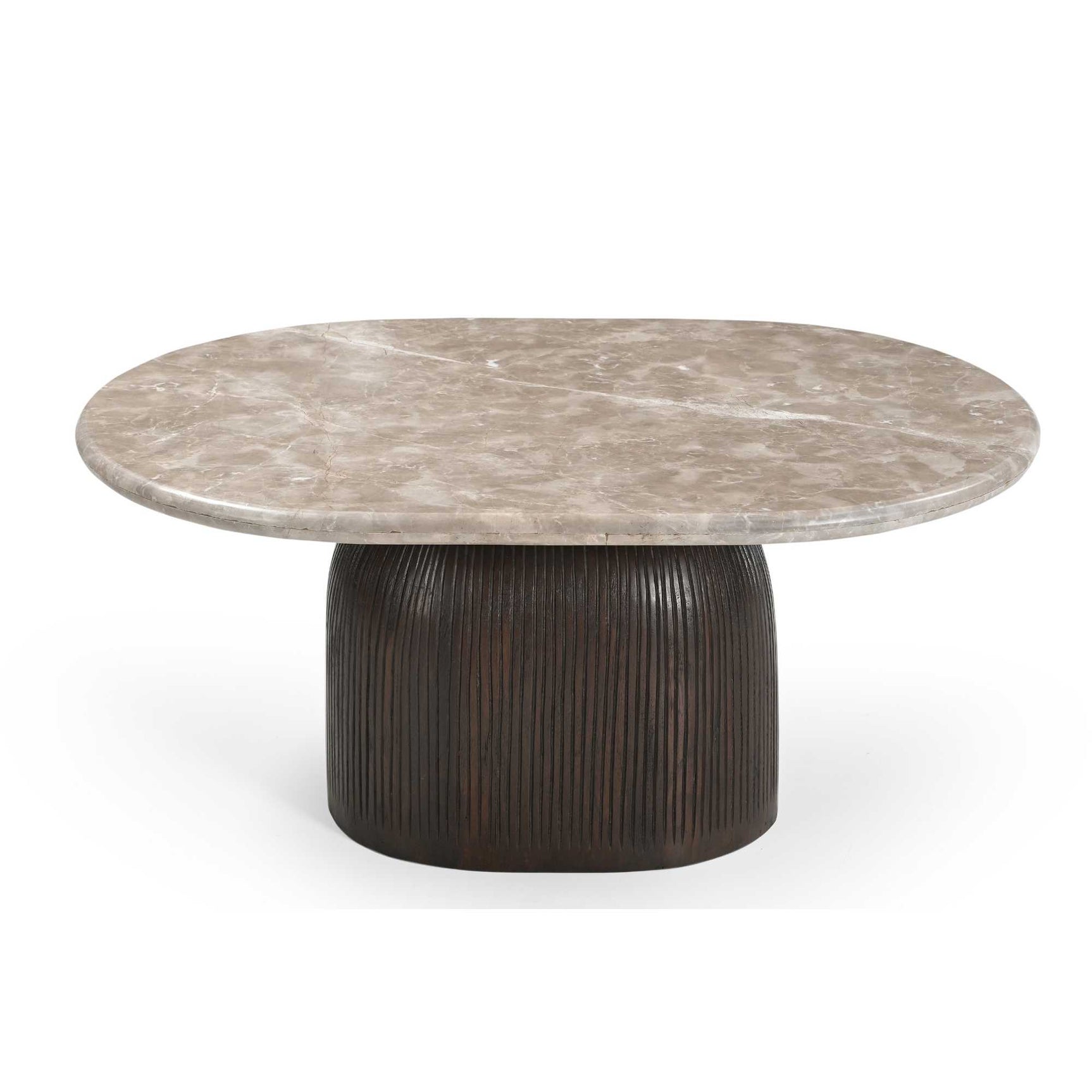 Ronde salontafel met marmeren blad en donker geribbelde poot, Ø90 cm