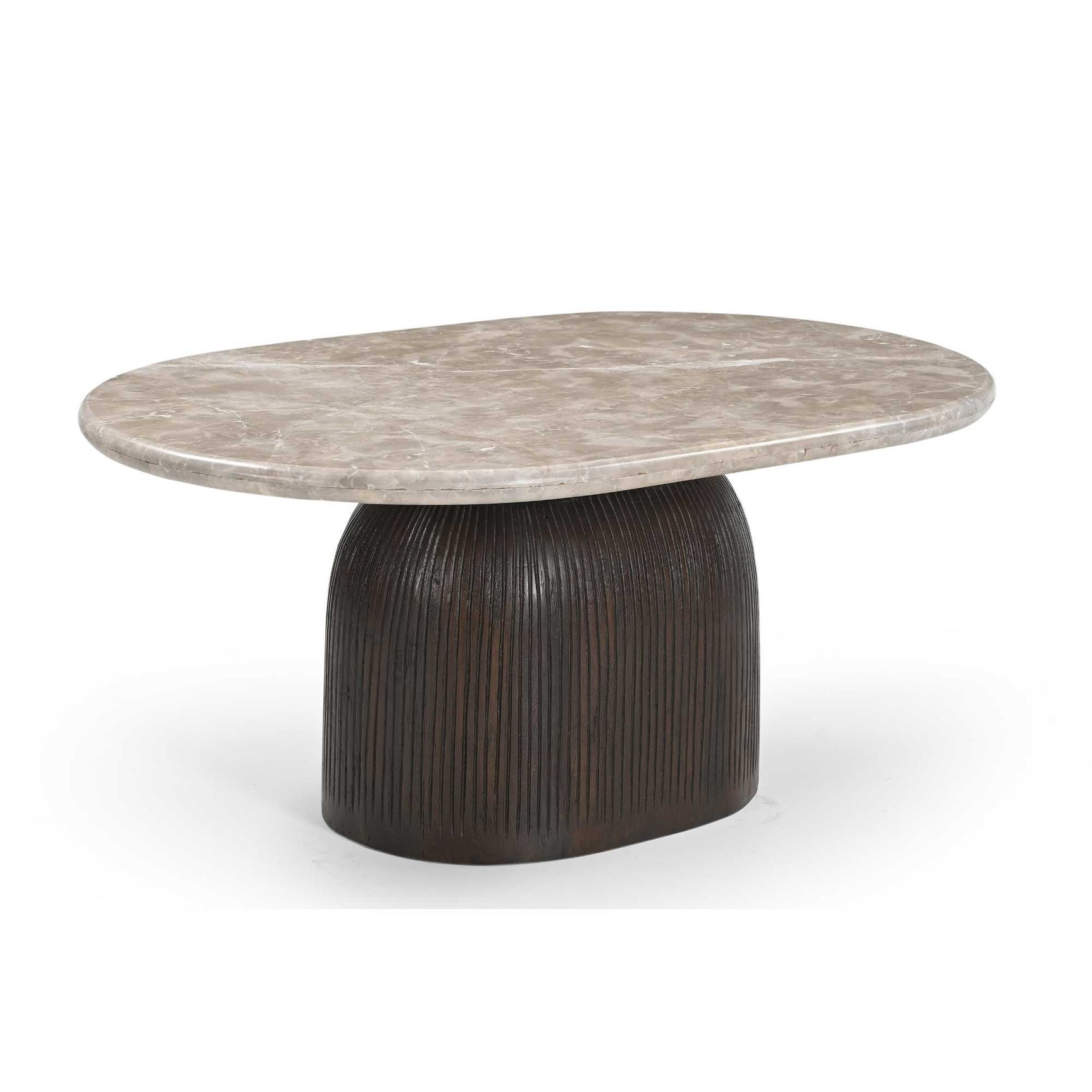 Ronde salontafel met licht marmeren blad en donker geribbelde ronde voet, Ø90 cm
