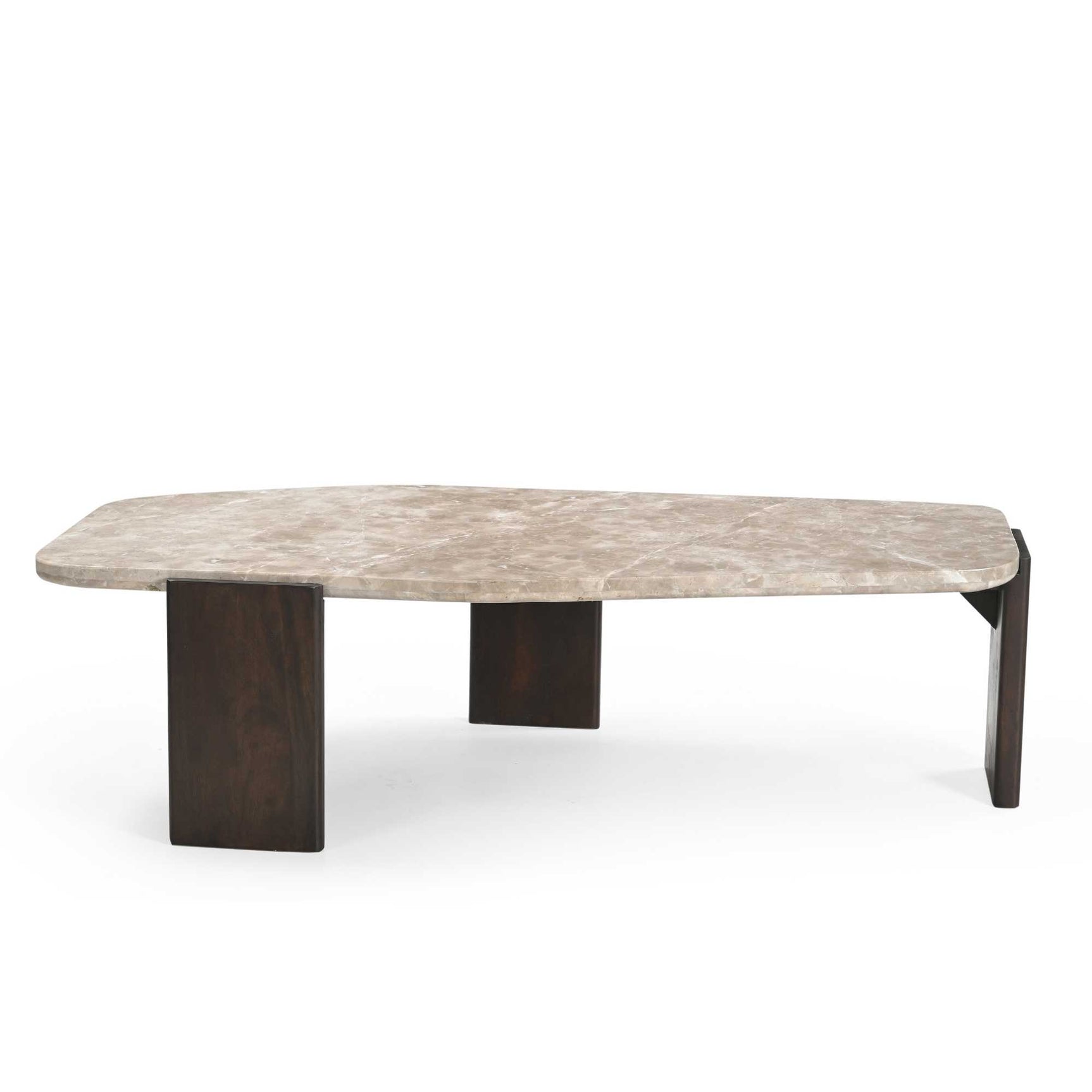 Salontafel met licht marmeren blad en vierkante donkerhouten poten