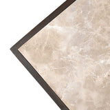 Salontafel hoekdetails: donkerhouten rand met licht marmeren blad