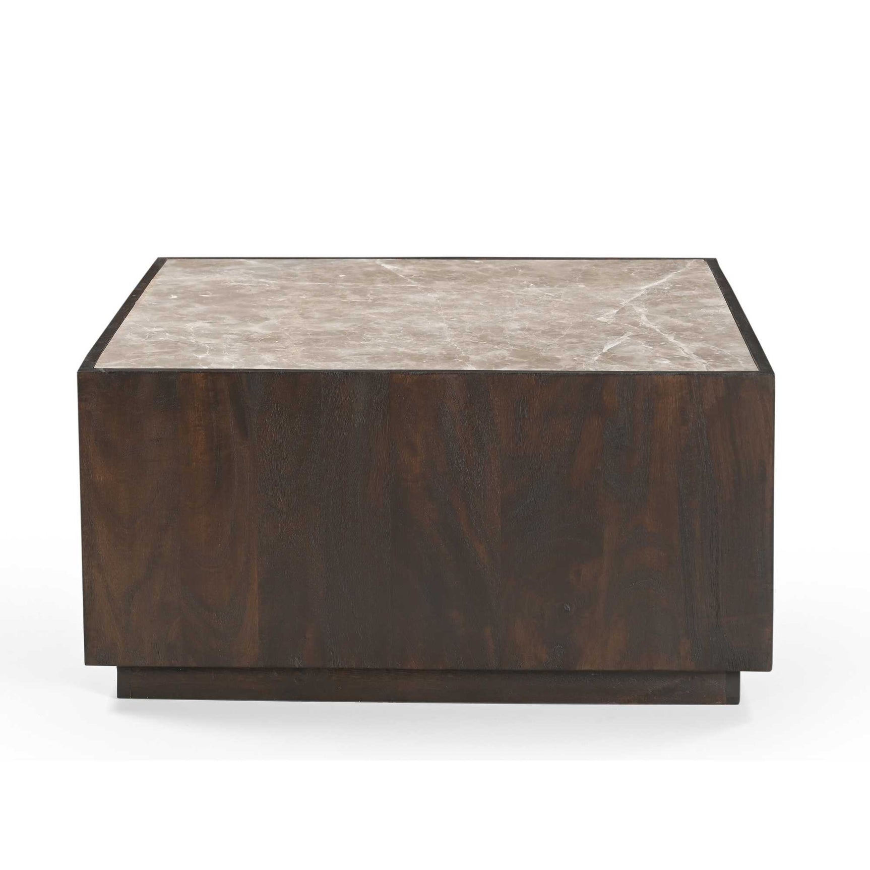 Vierkante salontafel met donkerhouten mantel en licht marmeren blad