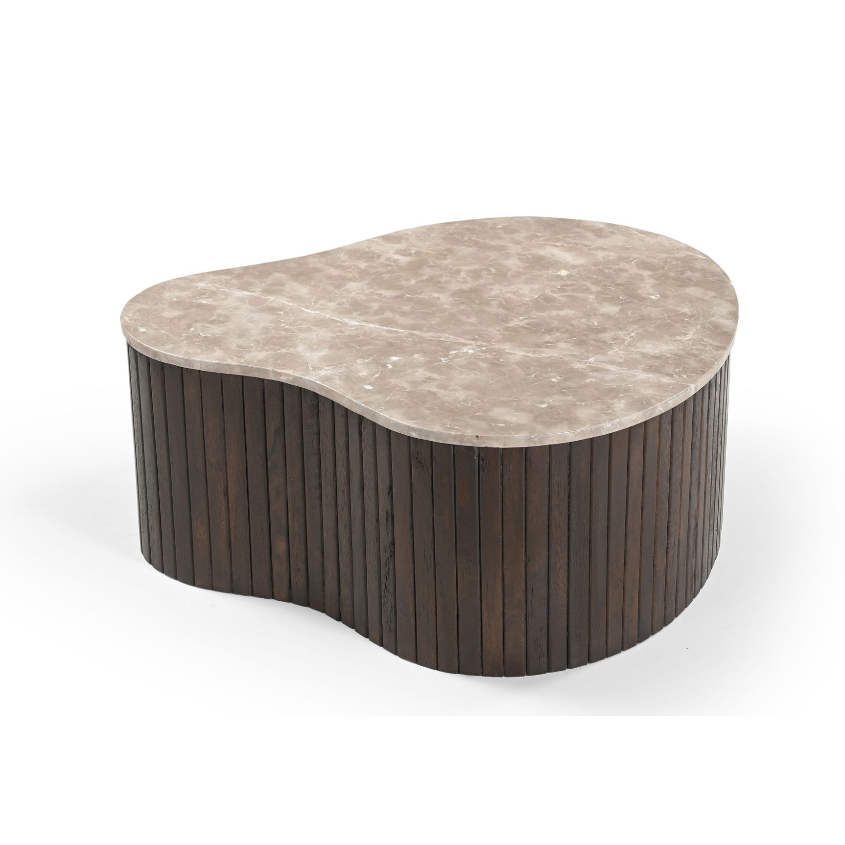 Ronde salontafel met marmeren blad en donkerhouten latten onderstel