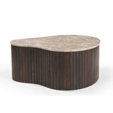 Ronde salontafel met marmeren blad en donkerhouten latten ombouw