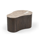 Salontafel met lichtbeige marmeren blad en donkere houten lamellen, ronde vorm