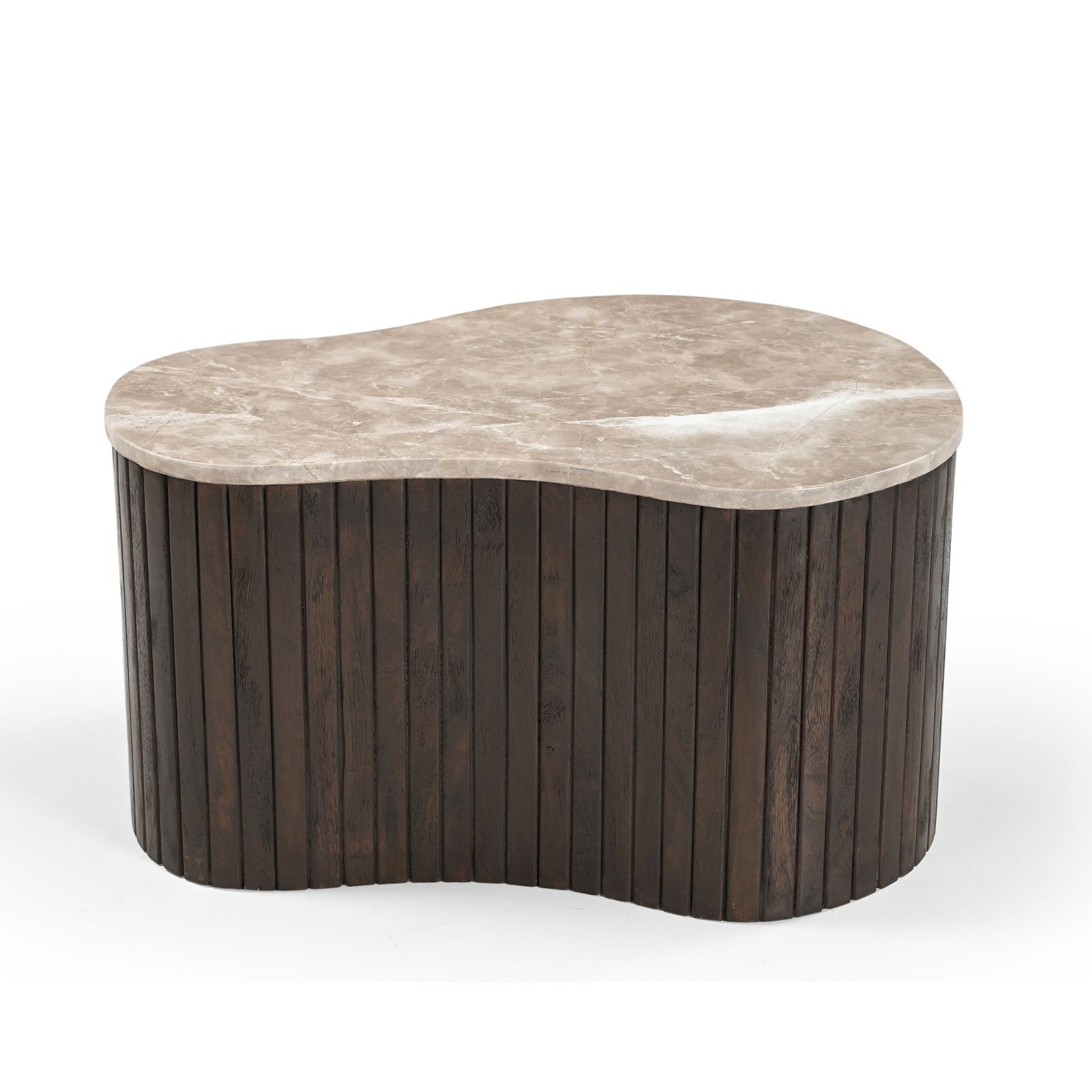 Salontafel met ovale lichtbeige marmeren top en verticale donkere houten latten
