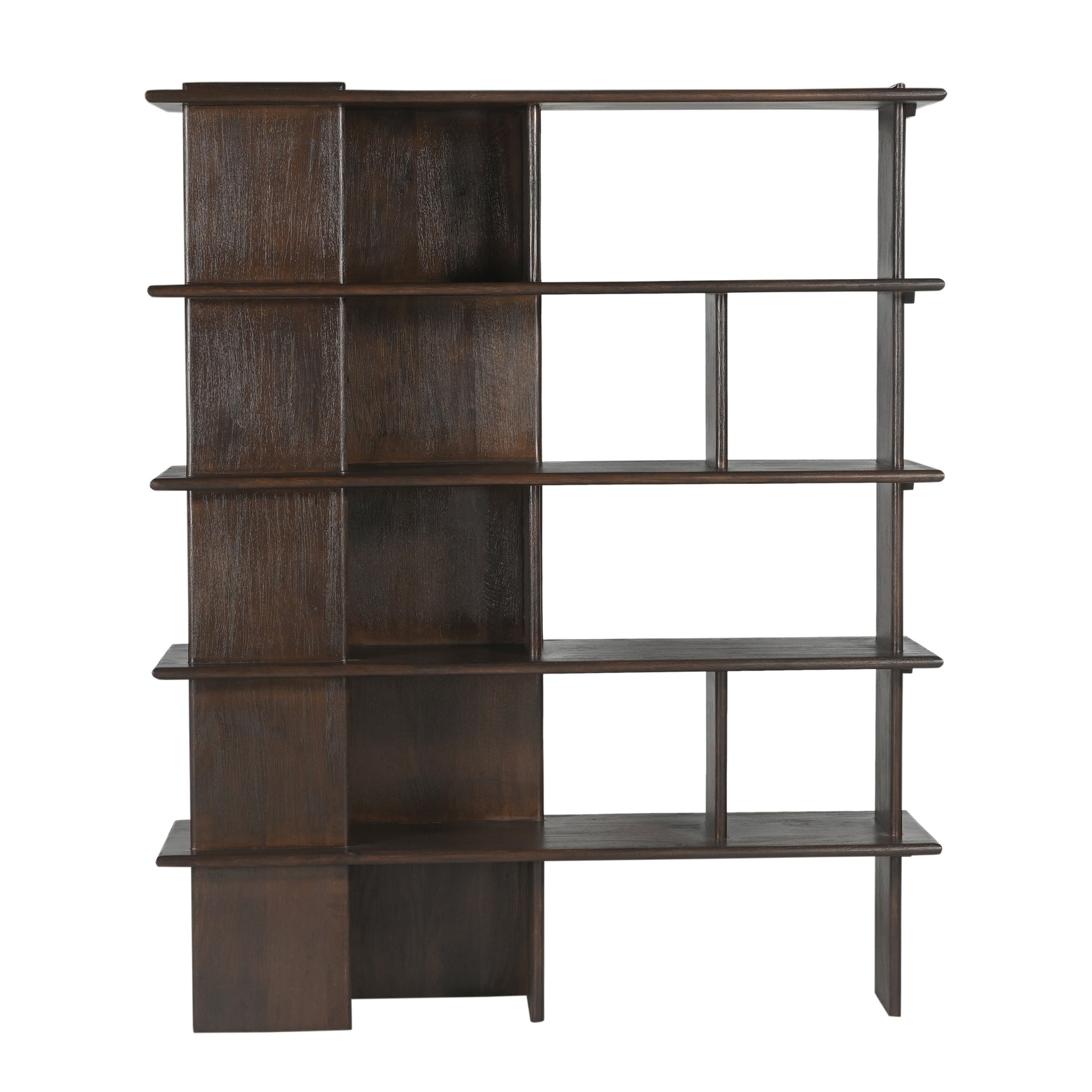 Wandkast bruin mangohout met open schappen en afgeschuinde staanders