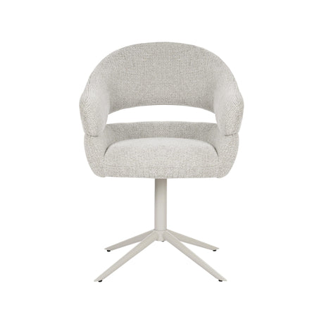 Draaibare eetkamerstoel met beige bouclé zitting en rug, ronde armen, vijfpunts draaibasis