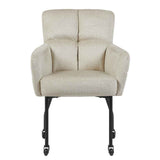 Eetkamerstoel met armleuningen, beige bekleding, hoge rugleuning, zwarte wieltjes onder
