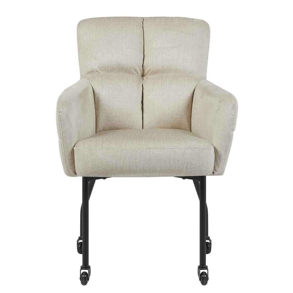 Eetkamerstoel met armleuningen, beige bekleding, hoge rugleuning, zwarte wieltjes onder