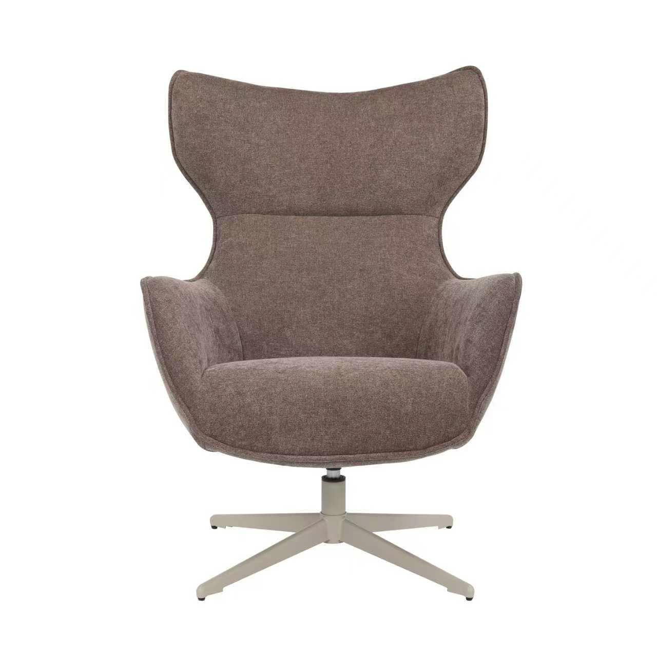 Bruine fauteuil met hoge rug, afgeronde kuip en draaivoet met kruisvoet