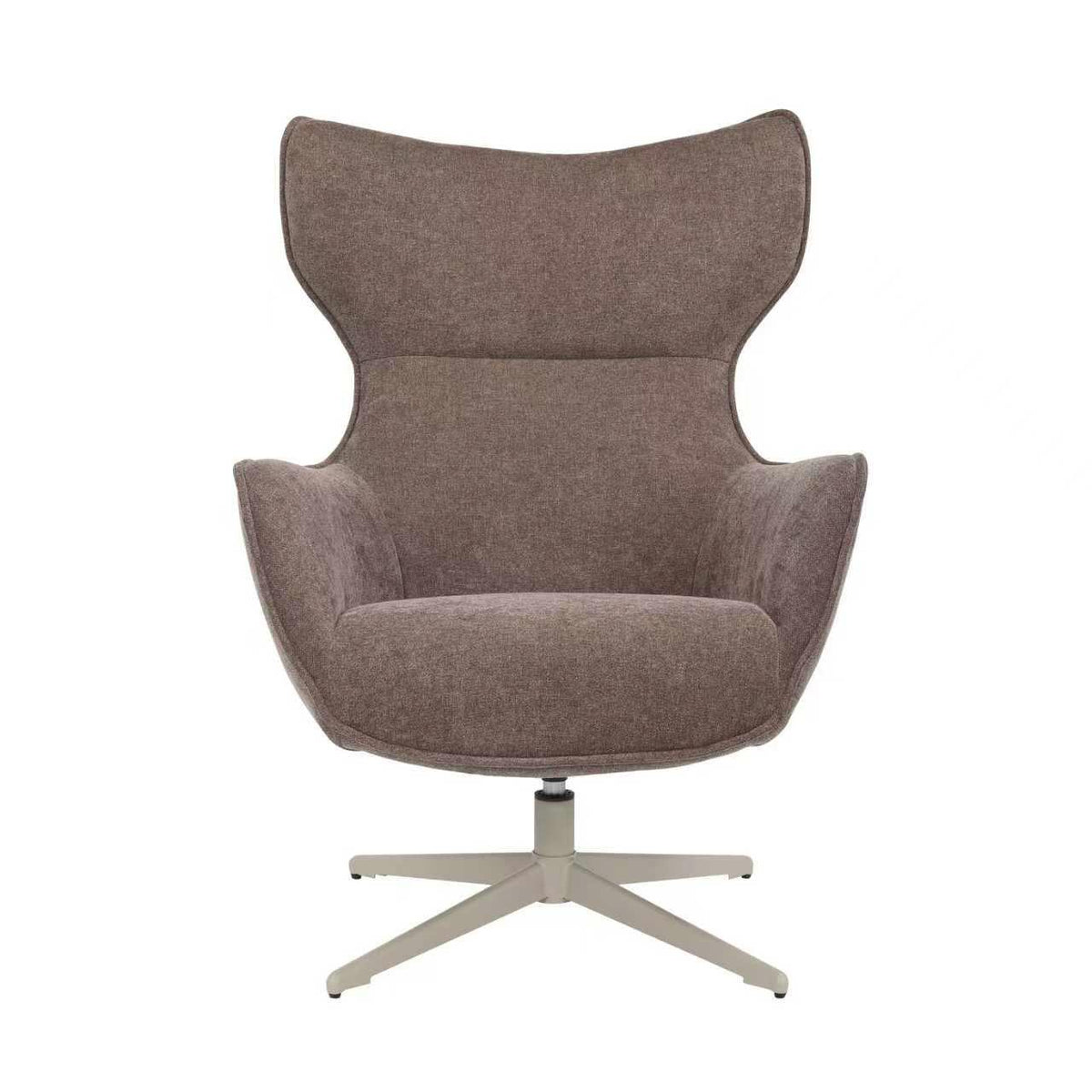 Bruine stoffen fauteuil met hoge rug, ronde armleuningen en draaibare stervoet