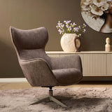 Bruine fauteuil met hoge rug, brede zitting en draaivoet met kruisbasis