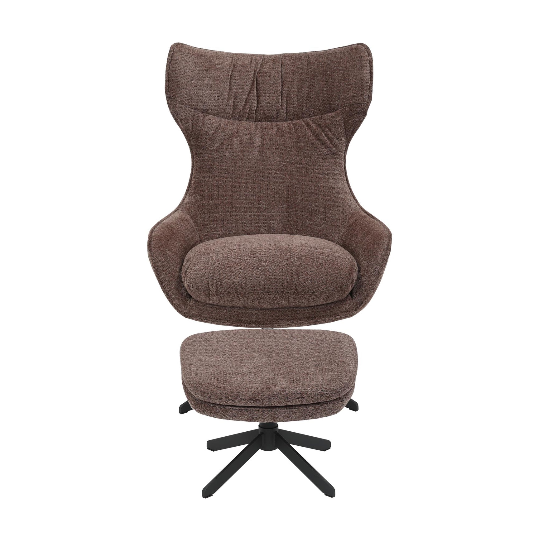 Paars fauteuil met hogere rug, rugdetails en zwarte draaivoet met kruispoten.
