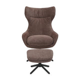 Fauteuil Olivia met hoge rug, draaibasis en bijpassende poef, donkere stof.